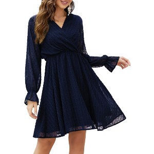 Womens Flutter Sleeve V Neck A Line Chiffon Elastic High Waist Casual Swing Curvy Dress - 1 of 4