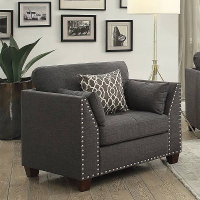 Gray Nailhead Trim Wood Accent Chair with Pillows