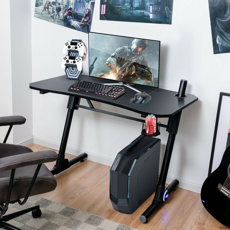 Costway Gaming Computer Desk Height Adjustable w/ LED Light & Gaming Handle Rack, 4 of 11