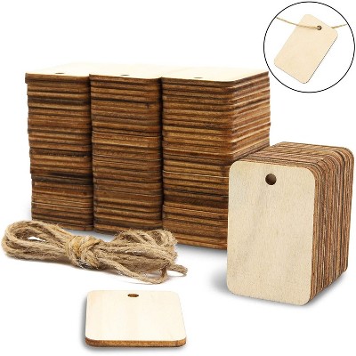 100pcs Unfinished Wood Gift Tags, 2" x 1" Rectangle Shaped Hanging Wood Cutouts with Hemp Rope for DIY Craft Projects