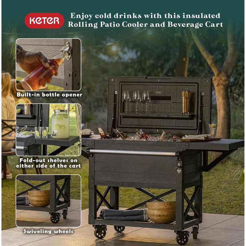 Keter Portable Outdoor Patio Cooler Ice Chest, Insulated Beverage Party Bar Cart Table with Swivel Wheels, Storage Shelves, and Bottle Opener, Gray, 4 of 8