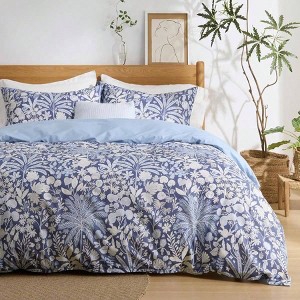 Queen Size Duvet Cover - 100 Cotton Reversible Floral with Zipper, 3 Pieces Vintage Indigo Blue Bedding Set with 2 Pillow Shams 20x26 - 1 of 4