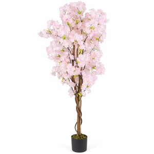 Tangkula 5 FT Tall Artificial Cherry Blossom Tree Faux Flower Plant in Nursery Pot - 1 of 4