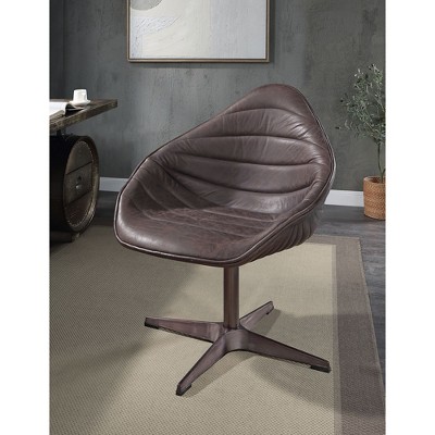 Antique Top Grain Leather Swivel Accent Chair with Stable Legs and Smooth Rotation for Living Room