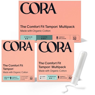 Cora - Cora, Tampons, The Comfort Fit, Compact Plant-Based Applicator,  Light/Regular/Super, Multipack (48 count), Shop