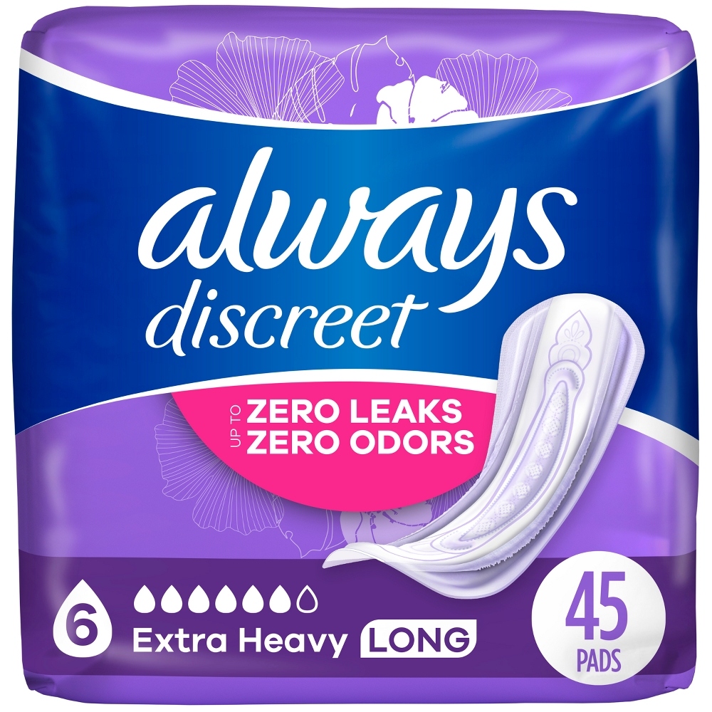 Always Discreet Incontinence and Postpartum Incontinence Pads for Women - Extra Heavy Absorbency - Long Length - 45ct