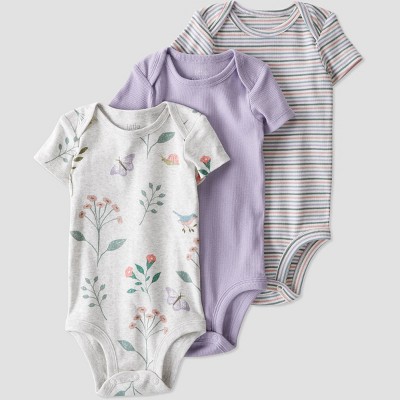 Image of little Planet By Carter's Baby 3pk Botanical Rain Bodysuit - Purple/Beige Newborn
