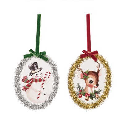Transpac MDF and Tinsel Oval Ornament Set of 2 Multicolor Wood Christmas Tree Decorations for Holiday Celebrations