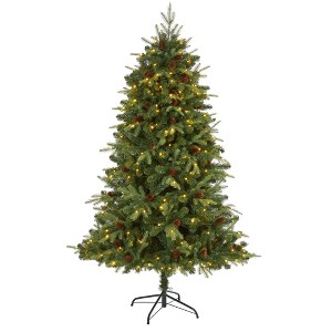 Nearly Natural 6-ft Wellington Spruce “Natural Look-in Artificial Christmas Tree with 300 Clear LED Lights and Pine Cones - 1 of 4