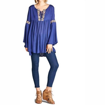 Women's Embroidered Bell Sleeve Tunic Top - Velzera