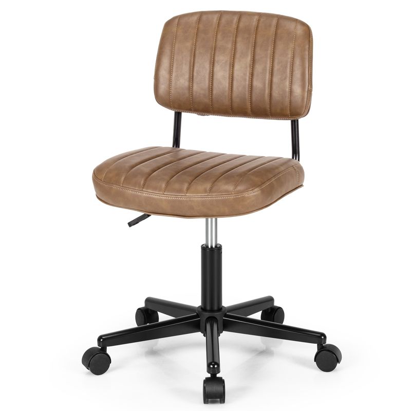 Tangkula Leisure Office Chair Mid-back Swivel Task Chair PU Leather Adjustable Armless Chair Retro Design Black / Brown, 1 of 10