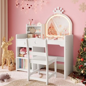 Kids Vanity Table and Chair Set with Mirror and Lights, White Makeup Vanity Desk with Drawer and Open Storage Shelves - 1 of 4