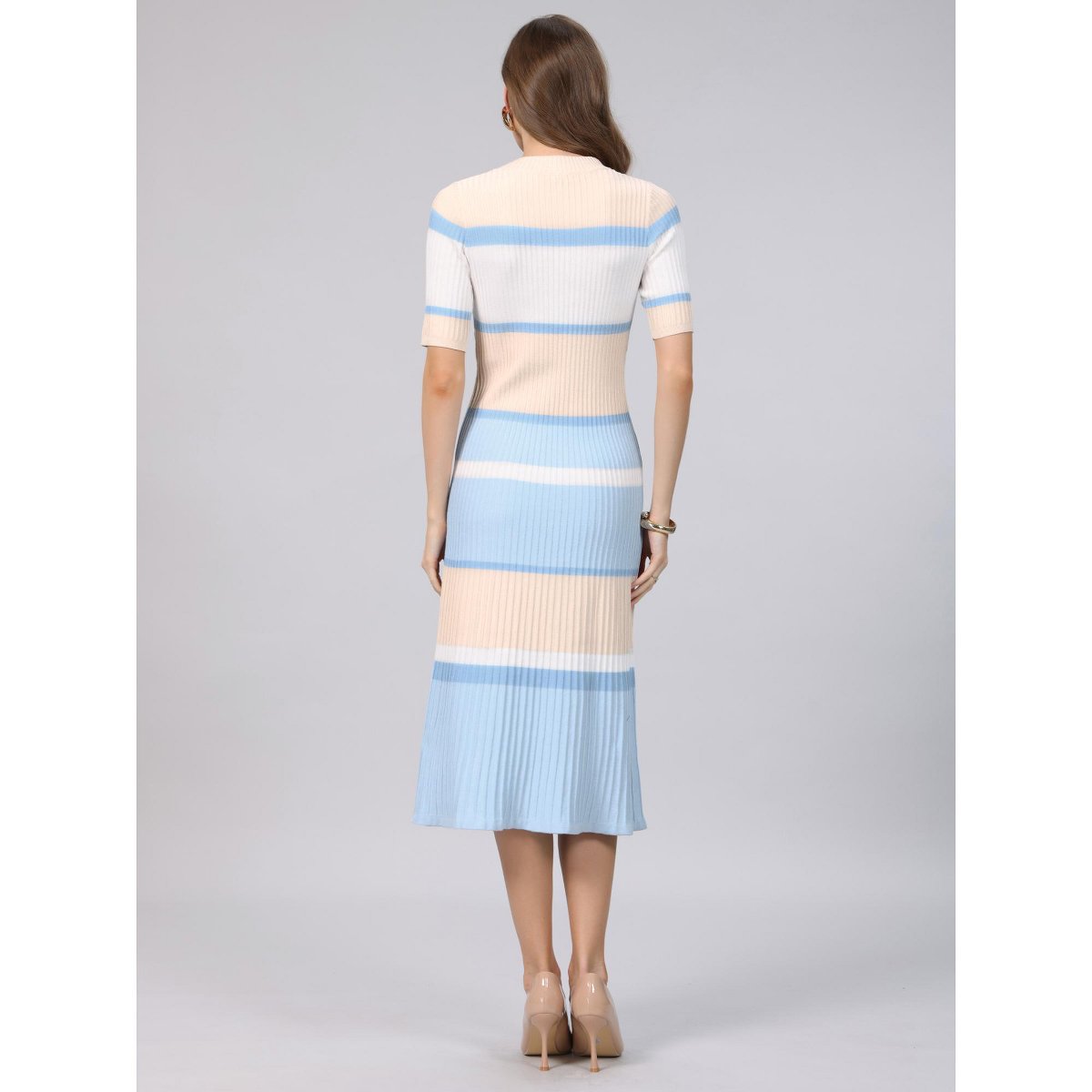 Женские платья INSPIRE CHIC Women's Striped Ribbed Short Sleeve Midi Basic Knitted Dresses Light Blue Small — фото 5