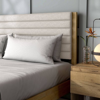 Natural Queen Platform Bed with Boucle Upholstered Headboard