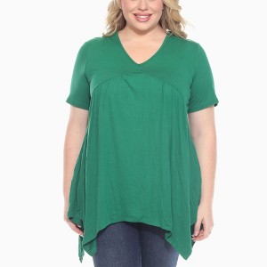 Plus Size Short Sleeve Shirred Front Knit Tunic Top with Pockets -White Mark - 1 of 4