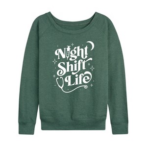 Women's - Instant Message - Night Shift Life Lightweight French Terry Wide Neck Long Sleeve Graphic Shirt - 1 of 4
