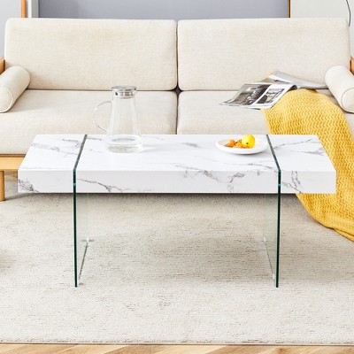 VYNXARIA 43.3"x23.6" White Marble-Patterned MDF Coffee Table with Tempered Glass Legs