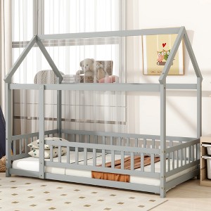 TIRAMISUBEST Twin/Full Size House Floor Bed with Roof Frame and Safety Guardrails, Rubber Wood House Bed Montessori Bed with Fence - 1 of 4