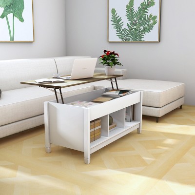 Contemporary White and Brown Rectangular Lift-Top Coffee Table with Storage