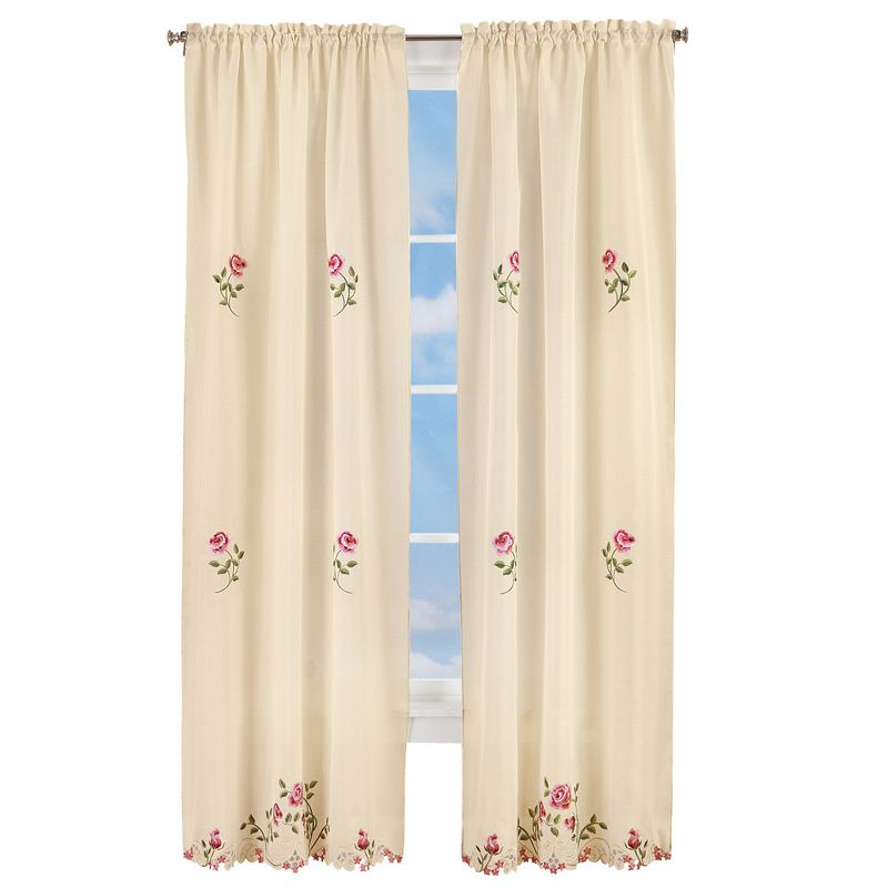 Collections Etc Elegant Pink Rose Floral Embroidered Curtains Drapes, Ivory, 1 of 4