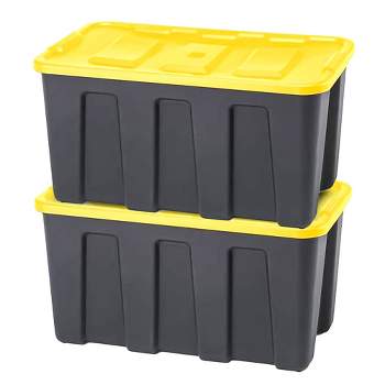 Homz 34-Gallon Durabilt Plastic Stackable Home Office Garage Storage Organization Container Bin w/Lid and Handles, Black/Yellow (2 Pack)