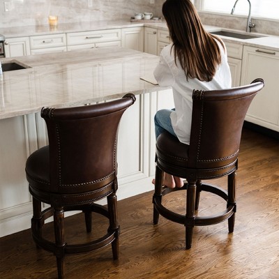 Walnut Swivel Counter Stool with Vegan Leather Upholstery, Set of 3