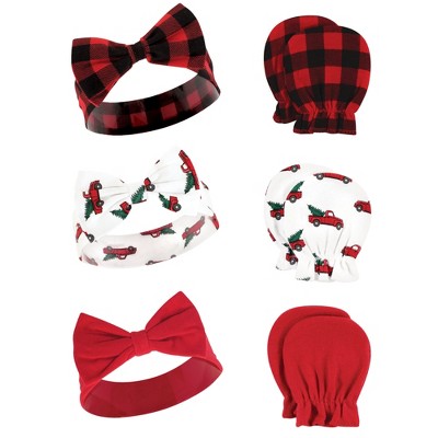 Hudson Baby Infant Girl Cotton Headband and Scratch Mitten Set, Christmas Tree Truck, 0-6 Months