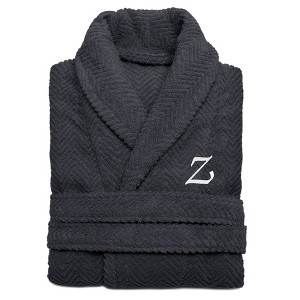 Linum Home Textiles 100% Turkish Cotton Unisex Personalized Herringbone Dark Grey Bathrobe in White Chancery Font - 1 of 2