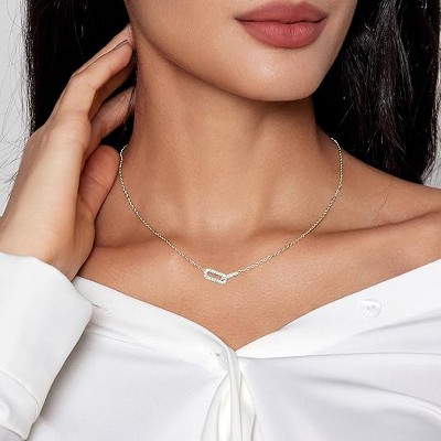 HTUTWOO Diamond Pendant Necklace for Women, Dainty Simple Gold Necklace 18k Gold Plated Paperclip Choker Necklaces Jewelry Gifts for Women Trendy