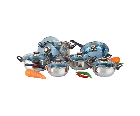 Gourmet Chef 12 Piece Stainless Steel Cookware Set with Blue Handles and Knobs