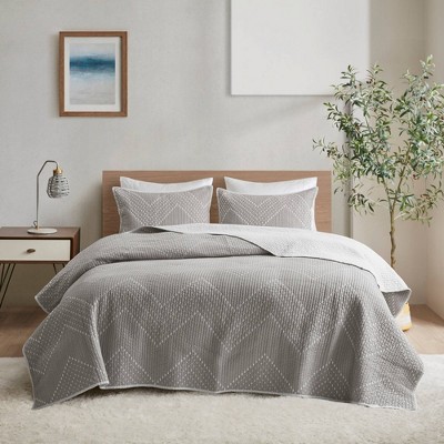 Gray King Cotton Reversible Quilt Set with Ridged Embellishment