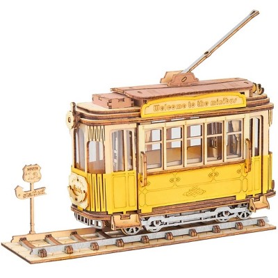 ROBOTIME 3D Puzzles Wooden Puzzle, Jigsaw Tramcar Model Puzzle Kit, Home Decorative Toy Ornaments, Unique Holiday Gifts, Yellow, 7.08"*2.28"*5.5"