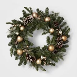 28" Flocked Mixed Greenery Artificial Christmas Wreath with Gold Ornaments & Berries - Wondershop™