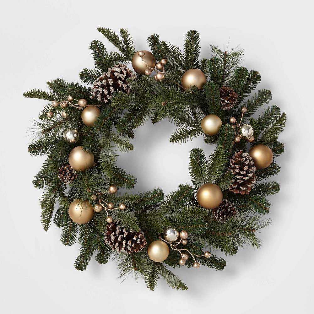 28" Flocked Mixed Greenery Artificial Christmas Wreath with Gold Ornaments & Berries - Wondershop