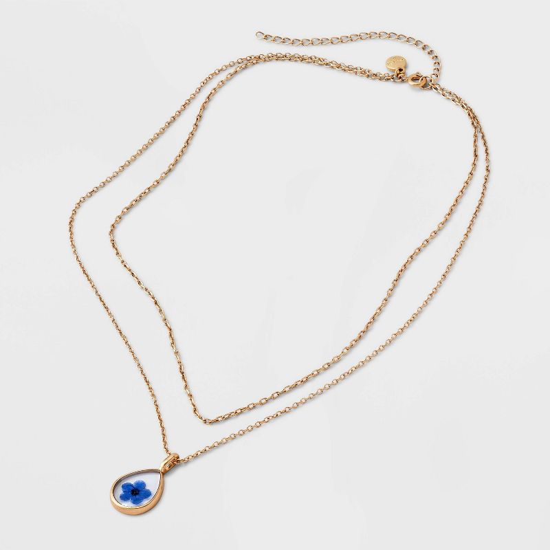 Bella Uno Bellissima Silver Plated Pressed Flower Blue &#34;Forget me not&#34; Teardrop Multi-Strand Necklace - Blue, 3 of 5