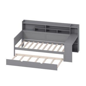 Bellemave Twin Corner Bed Frame with Storage Shelves and Desk, Wood Twin Size Daybed with Bookcase and Trundle and Storage, Gray - 1 of 3