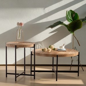 Lovmor 33.86"Modern Retro Splicing Round Coffee Table,Fir Wood Table Top with Gold Cross Legs Base - 1 of 4
