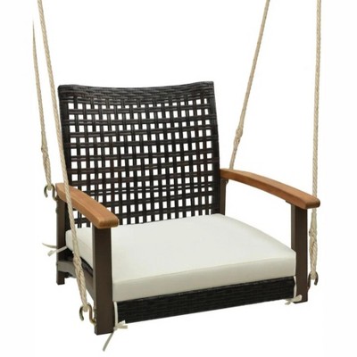 24.5"Single Rattan Porch Swing with Armrests Cushion and Hanging Ropes