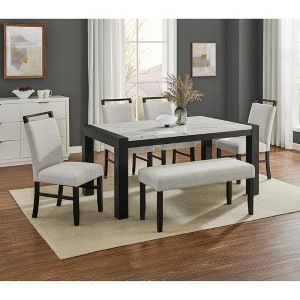 6-Piece Dining Set with Faux Marble Rectangular Table, 4 Chairs and Bench - 1 of 4
