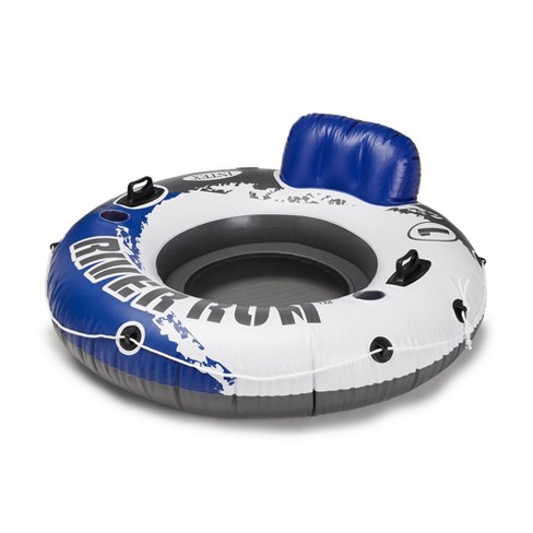 Intex River Run Single Person Inflatable Floating Water Tube Raft with  Built-In Backrest, Cupholder, and Mesh Bottom for Lakes and Pools