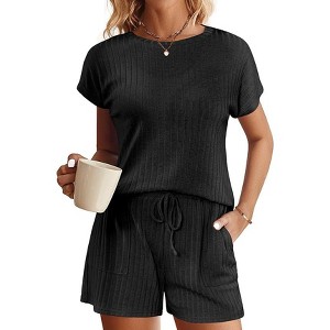 Ekouaer Pajamas Set for Women 2 Piece Pjs Ribbed Knit Lounge Set Cap Sleeve Loungewear Sleepwear - 1 of 4