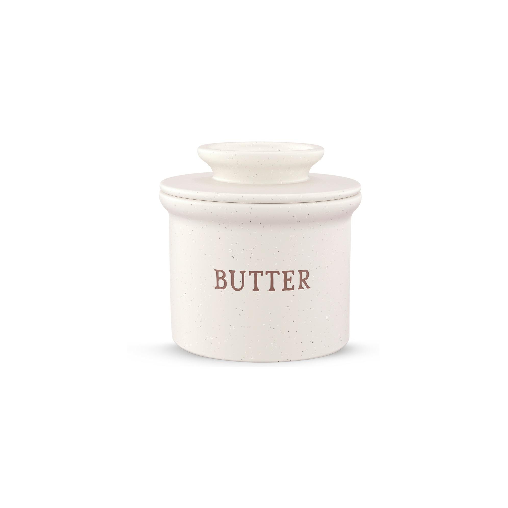 Kook Butter Keeper Dish, Ceramic Crock with Lid, For Soft Butter, Speckled White