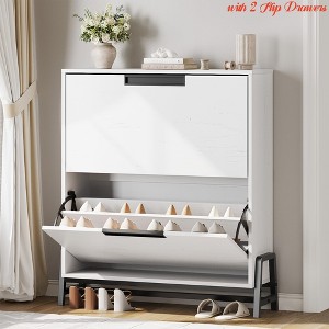 Entryway Shoe Storage Cabinet with 2 Flip Drawers, Freestanding Shoe Organizer w/Metal Legs, Adjustable Shelf Narrow Shoe Rack Cabinet - 1 of 4