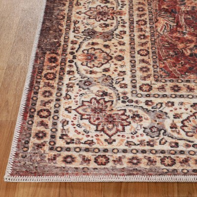 Vintage Medallion Red and Beige Synthetic Non-Slip Area Rug, 4'x6'