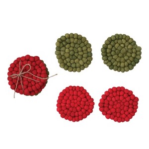 Storied Home Handmade Wool Felt Ball Coasters, Red and Green, Set of 4 - 1 of 3