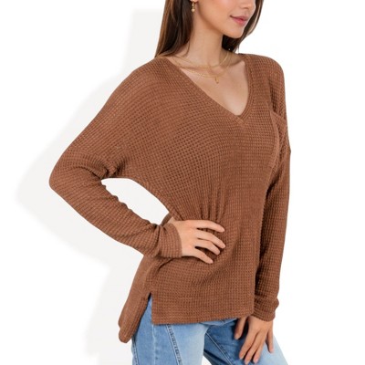 Anna-Kaci Women's V-Neck Waffle Knit Pullover Top with Long Sleeves