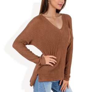 Anna-Kaci Women's V-Neck Waffle Knit Pullover Top with Long Sleeves - 1 of 4