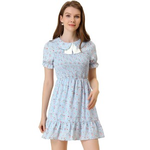 INSPIRE CHIC Women's Peter Pan Collar Tie Neck Puff Sleeve Smocked Floral Ruffle Mini Dress - 1 of 4