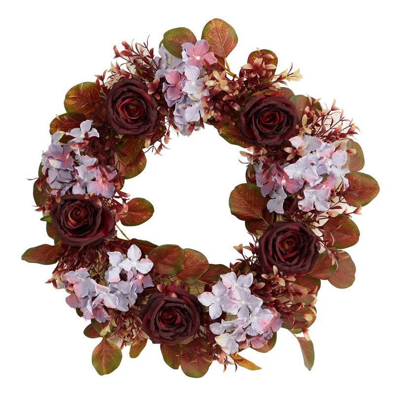 Nearly Natural 22” Fall Hydrangea and Rose Autumn Artificial Wreath, 1 of 3