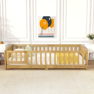 MAYEERTY Twin Floor Bed with Fence without Door, Rubber Wood Floor Guardrails Beige - 1 of 4
